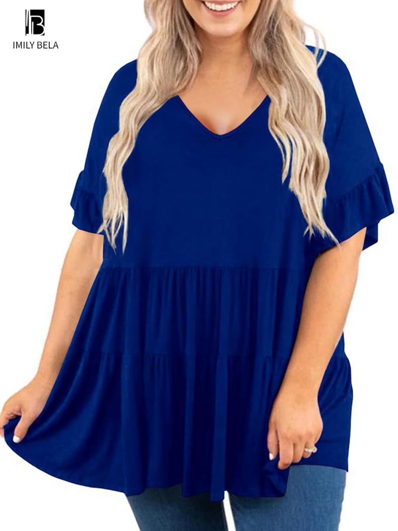 Product Introduction of 【Plus Size】 Solid V Neck Tee, Casual Short Sleeve T-shirt for Summer, Women's Clothing for Daily Wear 3