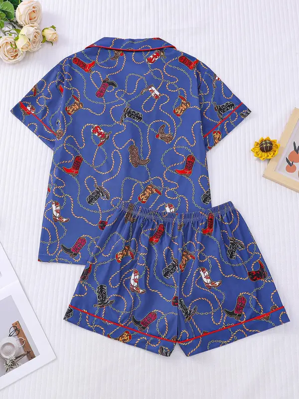 Women's All Over Print Pajama Two-piece Set, Casual Comfy Short Sleeve Top & Shorts PJ Set, Ladies Summer Sleepwear, Loungewear, Womenswear 4