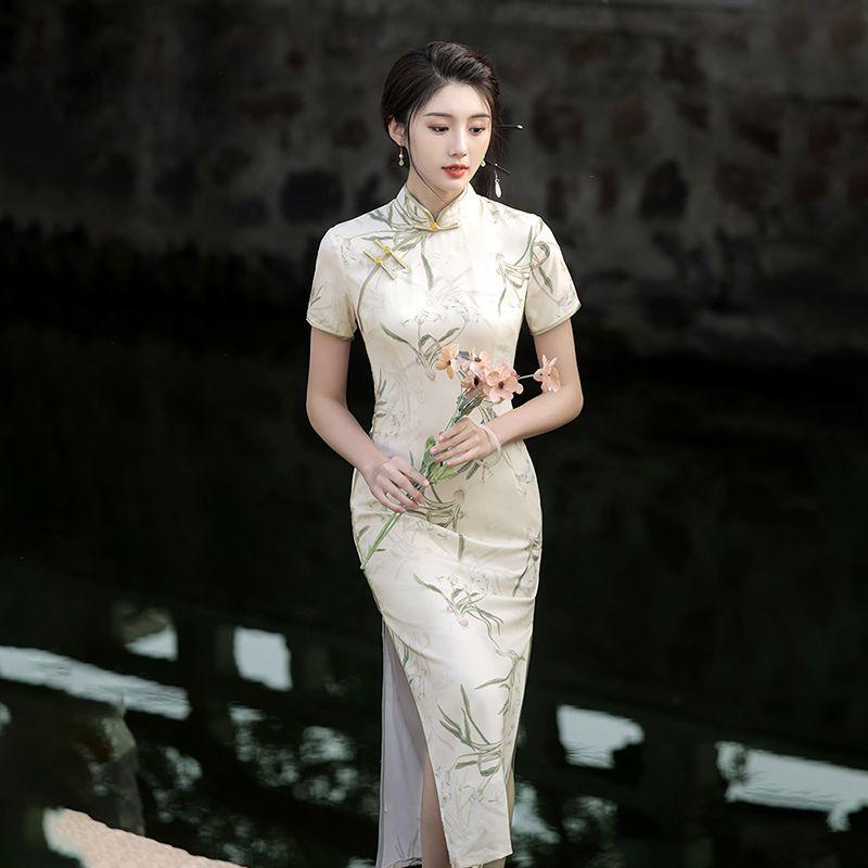 Sườn Xám Trung Quốc Mới, Phong Cách Nữ Mùa Hè Hàng Ngày, Loại Dài Sửa Đổi, Thanh Lịch Cao Cấp, Làm Bằng Satin, Thích Hợp Cho Người Trẻ, Phong Cách Quốc Gia, Hàng Mới Về Năm 2024 7