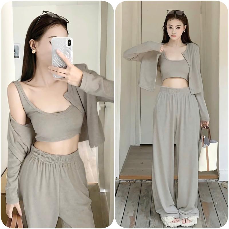 Sét Bộ Len Nữ 3 Món Gồm Áo 3 Lỗ + ÁO Cardigan + Quần Suông