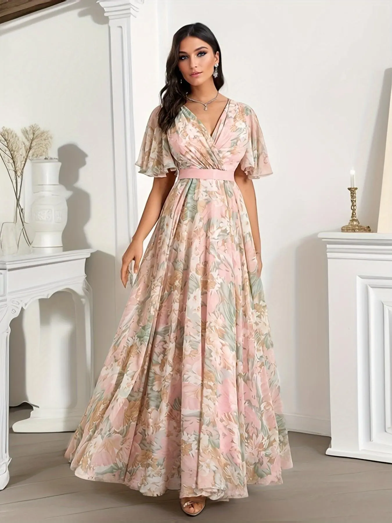 Women's Floral Print Ruched Wrap Butterfly Sleeve Dress, Elegant V Neck Short Sleeve A Line Dress For Party Holiday Wedding Guest, Ladies's Clothes For All Seasons