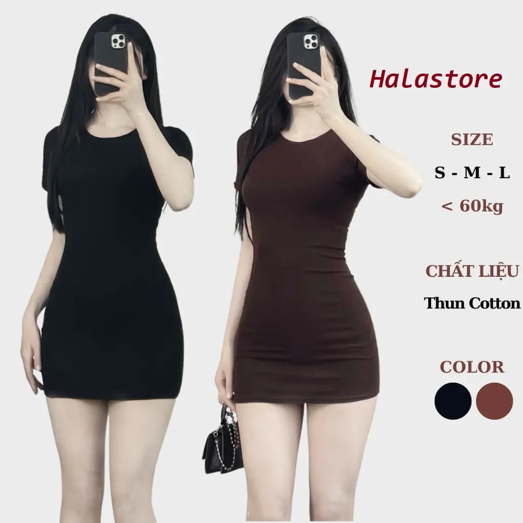 Đầm Body Nữ Dáng Ngắn Cổ Tròn Cộc Tay Chất Thun Cotton Co Giãn, Đầm Váy Mini Nữ Ôm Dáng Cổ Tròn 377