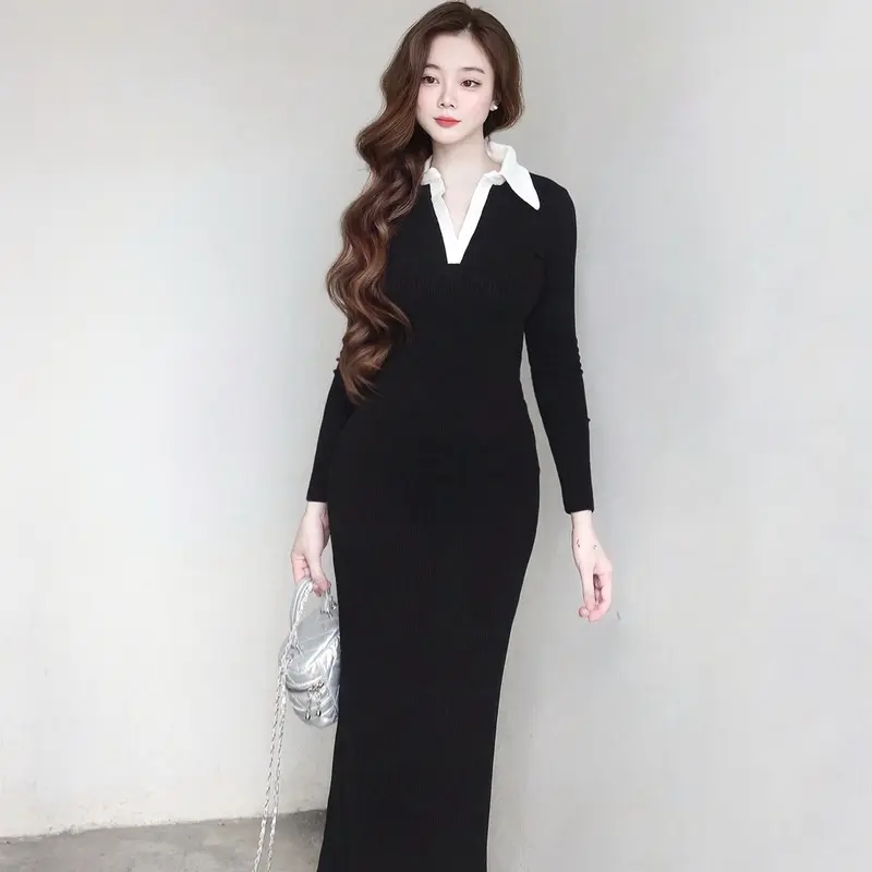 Đầm Nữ Cổ Trụ Phối Màu Tay Dài Chất Len Tăm Co Giãn KA11  Women 0