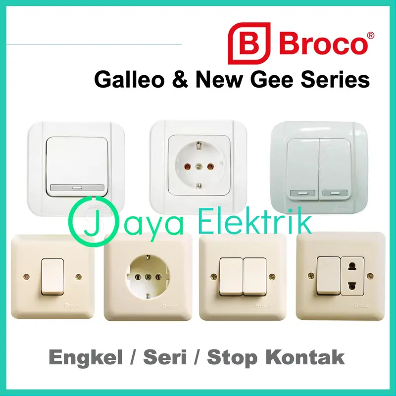 BROCO Saklar Engkel Seri dan Stop Kontak Tanam - Sakelar NEW GEE GALLEO Tunggal Ganda dan Stopkontak Inbow IB SNI Putih 0