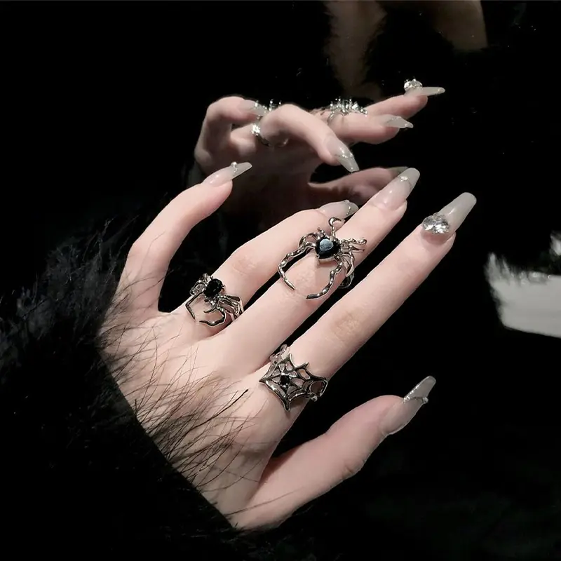 【Sktlz】 Light l-uxury ins Cold Style Dark Retro Black Gem Spider Ring High-end  Opening Ring Niche Personalized Ring 2