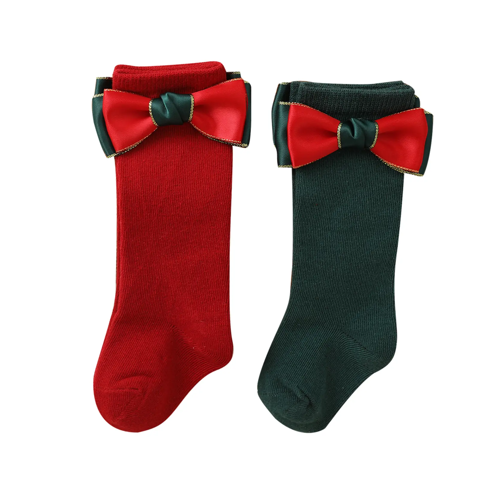 2 Pairs Kids Christmas Socks, Mid-Calf Length Socks with Bowknot Decoration for Toddlers, Girls, Boys, 0-4 Years