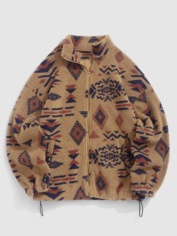 Women's Vintage Ethnic Pattern Drawstring Zip Up Coat, Fashion Cozy Drop Shoulder Long Sleeve Full Zip-up Teddy Outerwear, Trendy Women's Clothes, Y2k Workwear Outfits Streetwear, Balkan School Outfits, Ethnic Clothing UK 2