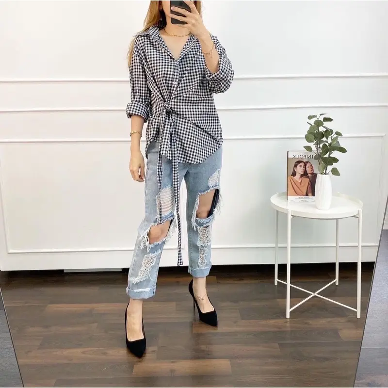 Alika Bow Shirt ( ikat samping )  Kemeja  Biru  Putih  Stripe  Kancing  Atasan  Wanita 6