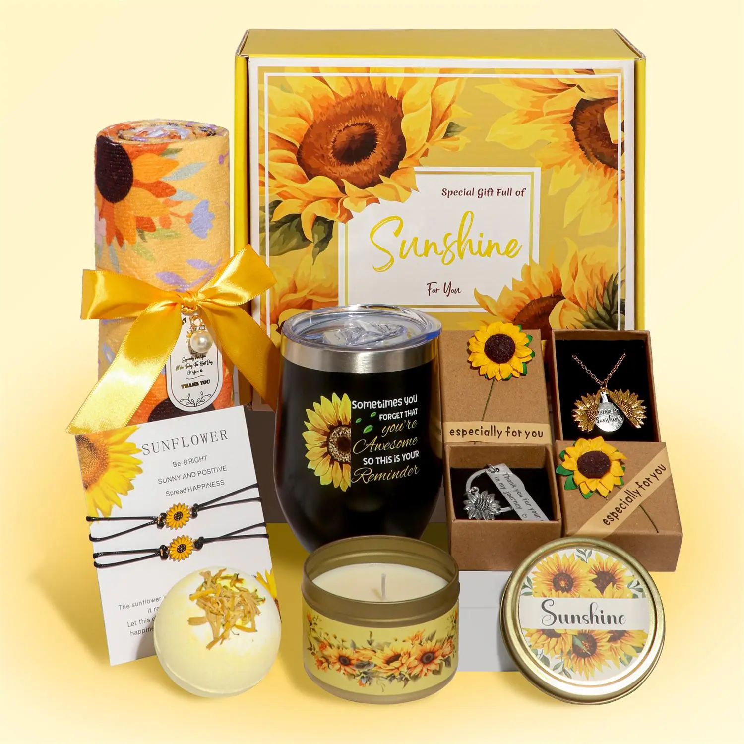 Sunflower Theme Candle Gift Box Set, 1 Set Including Candle & Towel & Sunflower Bracelet & Bath Bomb & Tumbler & Necklace & Key Chain, Party Gift for Women & Girls