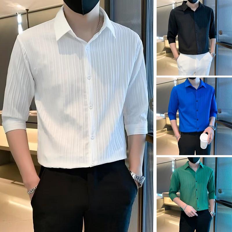 Áo Sơ Mi Nam, Tay Lửng, Dáng Ôm, Họa Tiết Kẻ Sọc, Phong Cách Mùa Hè, Thiết Kế Trơn Phong Cách Hàn Quốc, Thường Ngày, Áo Sơ Mi Mỏng Hợp Xu hướng SLC01