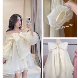  Đầm ngắn nữ kiểu babydoll trễ vai tay bồng xòe thắt nơ 2 lớp cao cấp chất voan tơ- D03 Dress Khuy 