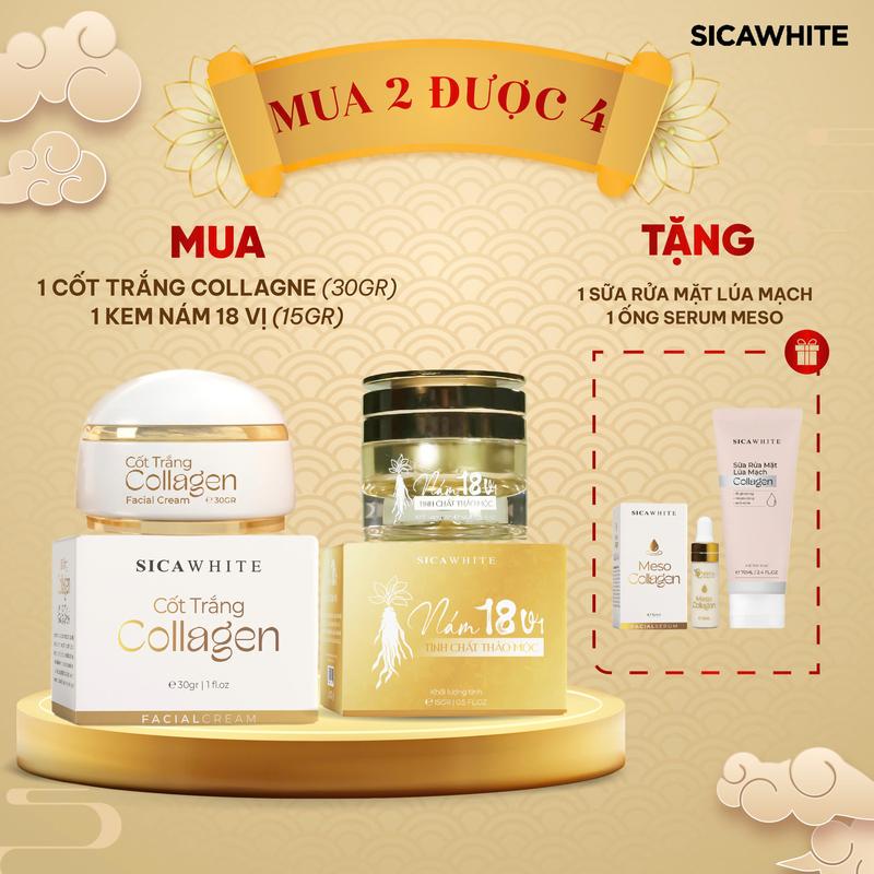 [D10][Mua 2 Được 4] Combo Đêm Ngày : Kem Nám 18 Vị (15gr) - Kem Cốt Trăng Collagen Tặng Serum Meso Nhỏ 5ml - Sữa Rửa Mặt Lúa mạch Coallgen 80ml