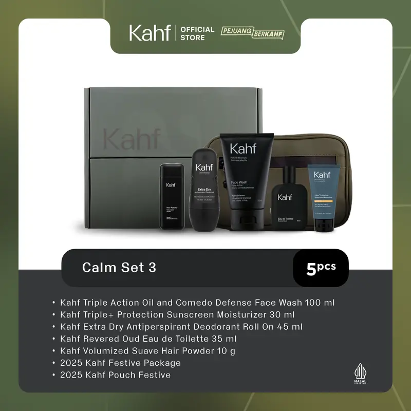 [FREE EXCLUSIVE BOX FOR GIFT] Kahf 5in1 Grooming Men Essential Set 3 (Face Wash, Deodorant, Sunscreen, EDT, Pomade/Hair Powder) - Paket Hampers Hadiah Perawatan dan Skincare Pria 5