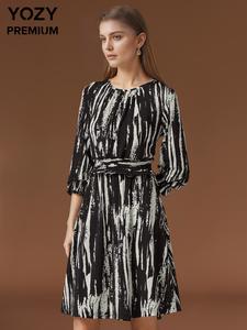 YOZY Women's All Over Print Shirred Dress, Casual Round Neck Dress for Summer, Fashion Women's Dress for Daily Wear