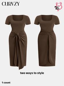 CURVZY Plus Size Solid Knot Design Square Neck Dress, Casual Short Sleeve Midi Dress for Daily Wear, Women's Plus Clothing for All Seasons