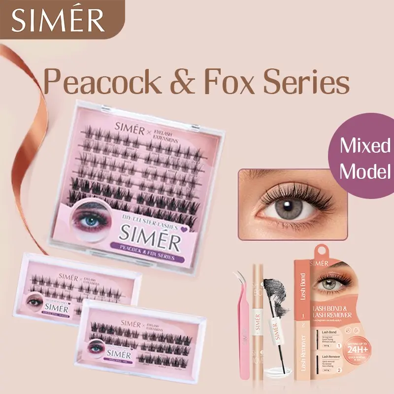SIMER Peacock & Fox Series MIX Cat Eye Model DIY Cluster Lashes  – C Curl Segmented Eyelash with Lash Bond & Remover, Long-Lasting & Easy to Apply Bulu Mata Palsu Satuan