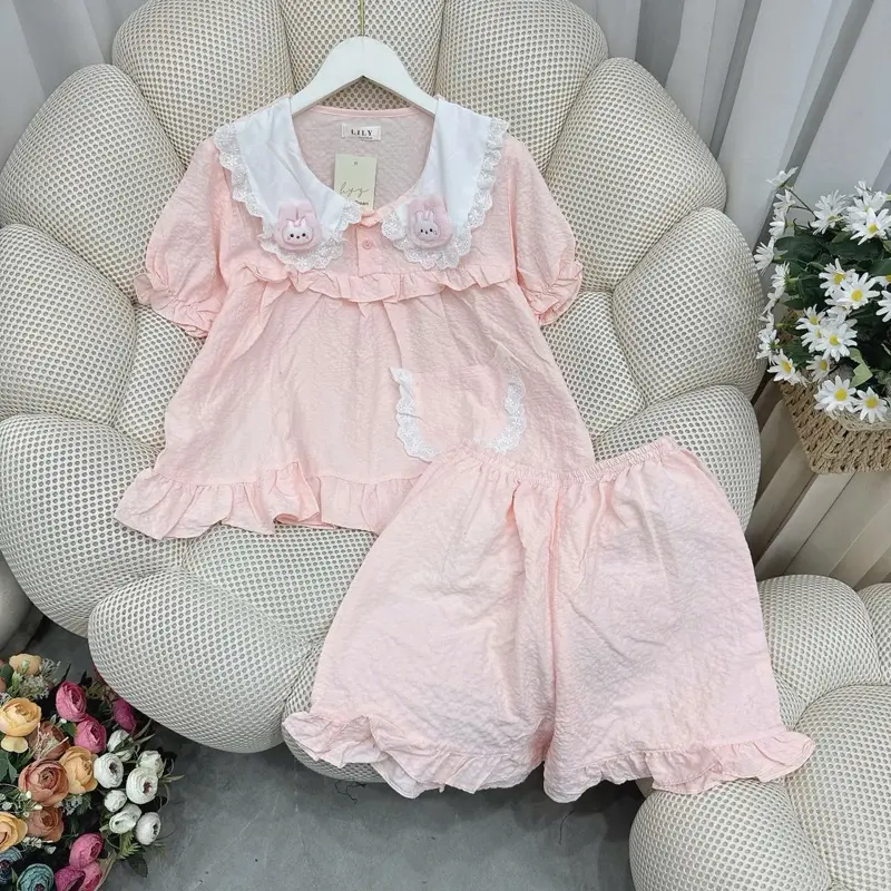 (Màu Pastel) Bộ Ngủ Nữ, Bộ Pijama Mặc Nhà Nữ Chất Đũi Gạo Nhiều Màu Mịn Mềm, Thấm Hút Tốt, Áo Ngủ Phối Ren Tiểu Thư Quần Ngủ Freesize Women Nhung Voi Kem Tim Nho đũi  xốp 3