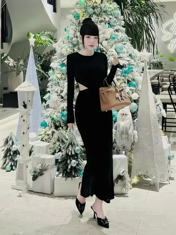 ĐẦM BODY TAY DÀI, KHOÉT EO ĐÍNH HOA GIỮA (40kg-55kg), chất thun ladong [GL80014] Nữ Women Dress Voi 1