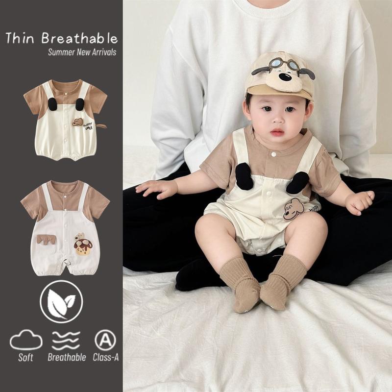 Quần Áo Trẻ Em, Bộ Đồ Áo Liền Quần Ngắn Tay, Vải Bông Mỏng, Thiết Kế Cún chó Con Hoạt Hình Ghép Nối, Thích Hợp Cho 0-28 Tháng, Quần Áo Đi Chơi Hàng Mới Về Mùa Hè Của Người Nổi Tiếng Trên Internet