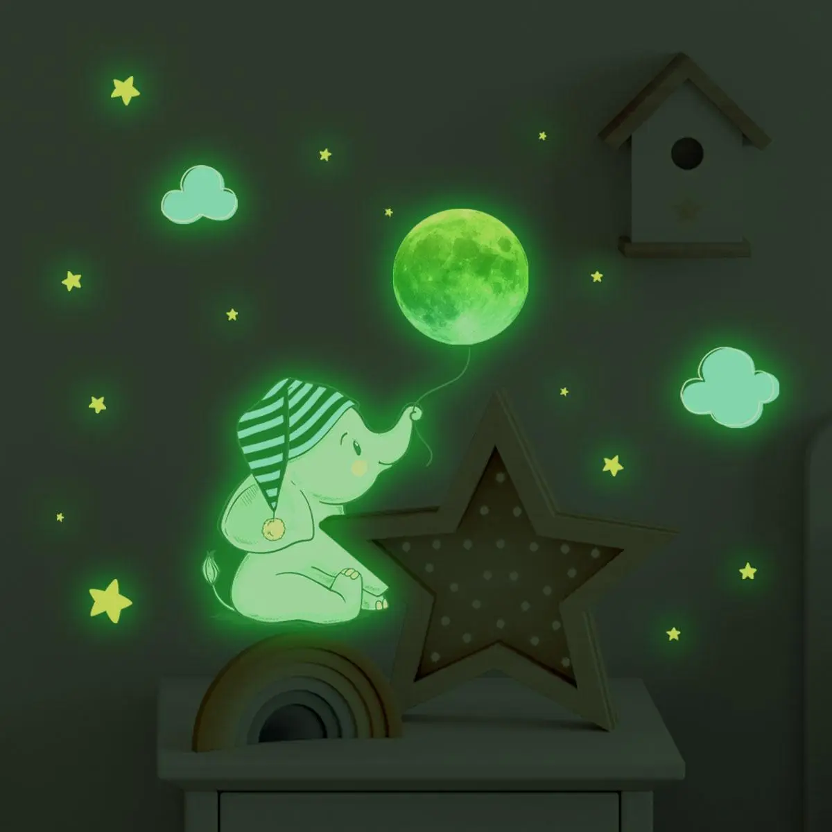 2pcs/set Glow In The Dark Cartoon Elephant Shaped Wall Sticker, Creative Self Adhesive Fluorescent Wall Sticker, Wall Decal For Kids Room Wall Decor, Home Decor Set