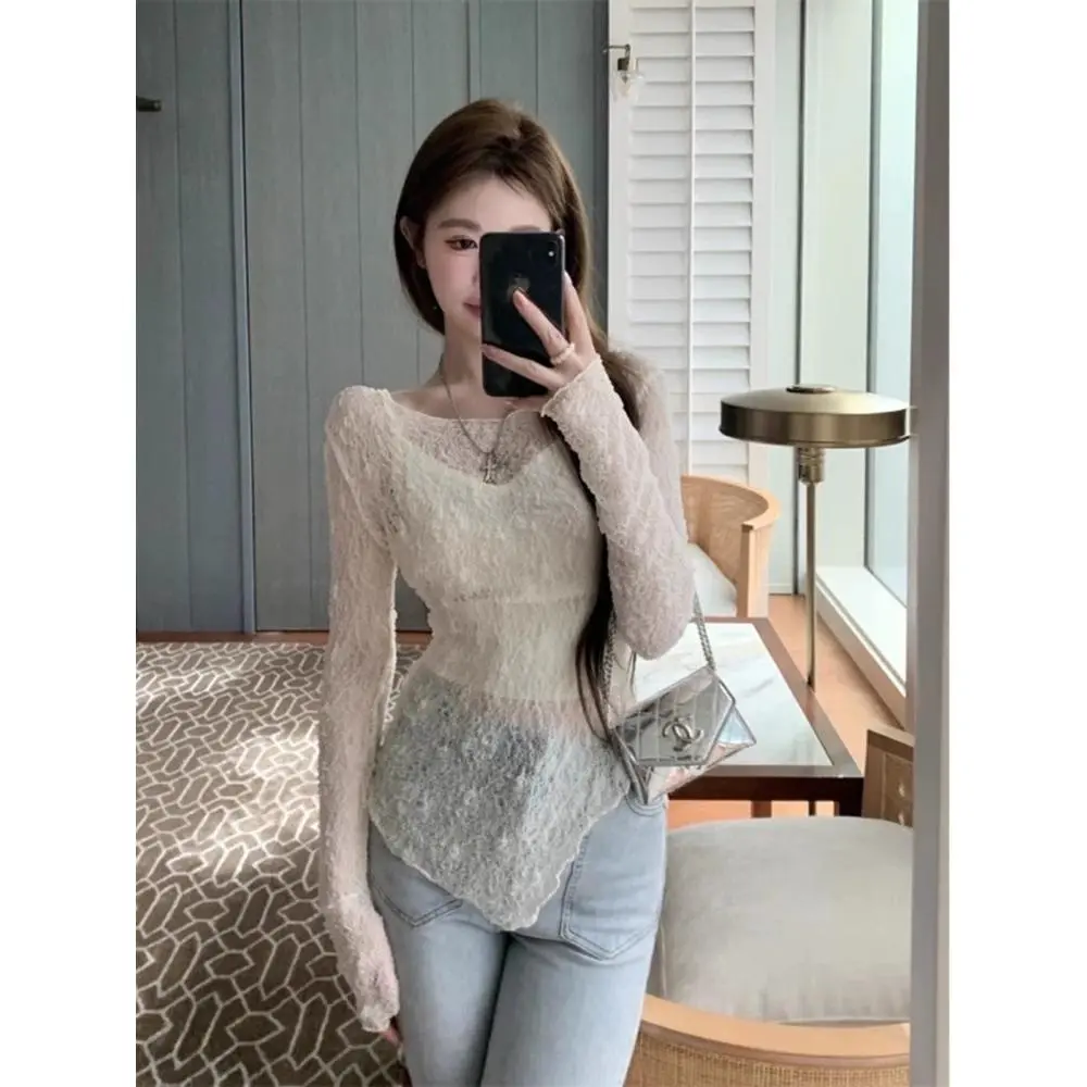 2024 New See-through Underwear Top Thin Women Elastic Slim Lace Hollow Mesh Sun Protection Shirt