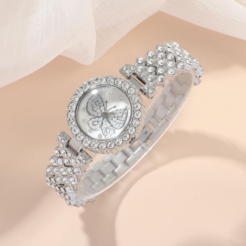 Bộ Đồng Hồ Nữ, 5 Chiếc, Kèm Bông Tai, Vòng Cổ, Vòng Tay Và Nhẫn, Thiết Kế Hình Bướm Độc Đáo Mới, Dây Thép, Đồng Hồ 7