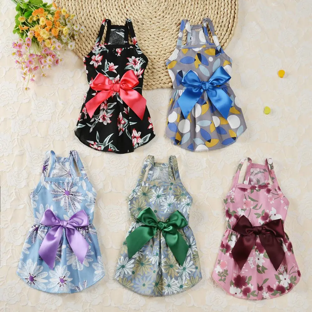 Summer Pet Dress Flowers Printing Ribbon Clothes Puppy Dogs Cats Princess Dress Summer Pet Cat Fair Maiden Skirt #426560