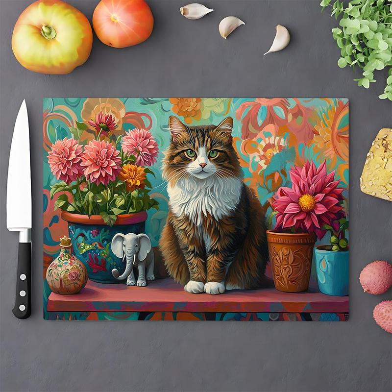 Cat & Floral Pattern Kitchen Cutting Board, Durable Heat Resistant Chopping Board, Non-slip Kitchen Chopping Board, Kitchen Decor 0