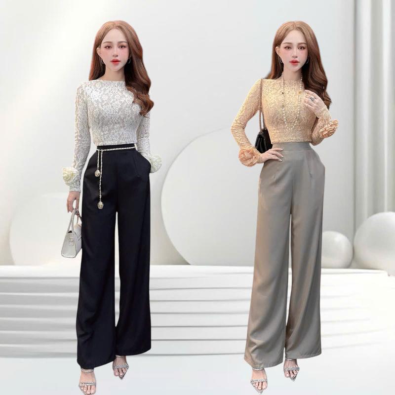 ( KHÔNG KÈM THẮT LƯNG )( Quần dài 102cm ) S5821 Set quần áo thiết kế CRAZYTEEN dành cho nữ gồm áo ren lưới tay dài đính hoa và quần suông để đi chơi ( Áo tay dài đính hoa/ Quần suông )