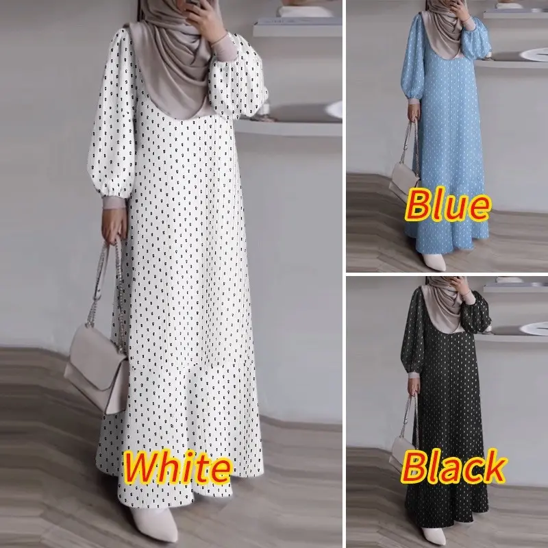 Middle East Leisure Long Sleeve Loose Waist Round Neck Printed Large Size Muslim Dress