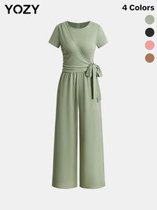 YOZY Textured Wrap Knot Jumpsuit/ Round Neck Plain Casual Short Sleeve Wide Leg Jumpsuit, 2024 Women's Daily Wear for Spring & Summer