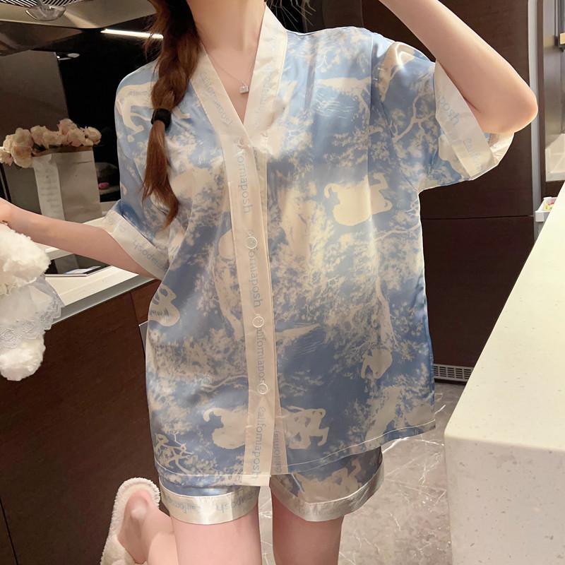 Ink Painting Ins Style Summer Women's Light Luxury Short Sleeve Loose High-end Feel Wearable Ice Silk Pajamas Loungewear Set 5