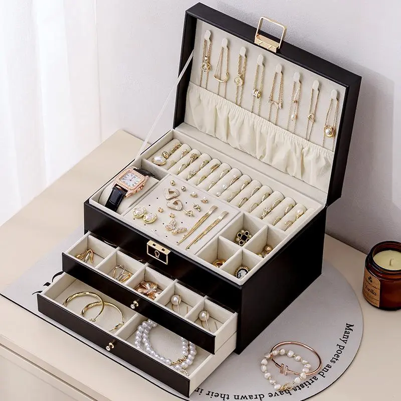 Multi-layer Jewelry Velvet Box, 1 Set Large Capacity Jewelry Holder Organizer with Drawer, Lockable Jewelry Storage Boxes for Earring Necklace Ring, Gift for Women, Beauty Organizer