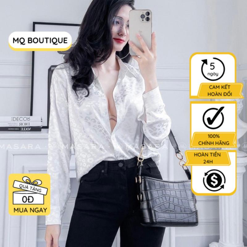 Áo trắng lụa gấm sơ mi dài tay nữ cao cấp họa tiết nổi beo hoa trắng áo sơ mi họa tiết thiết kế MQ Boutique 