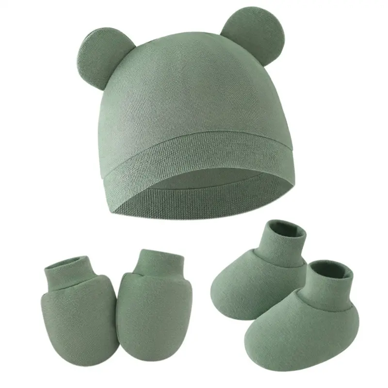 Baby Gloves + Hat + Foot Cover Cotton Newborn Nightcap Unisex Boys Girls Solid Color Headwear Infant Accessories Set