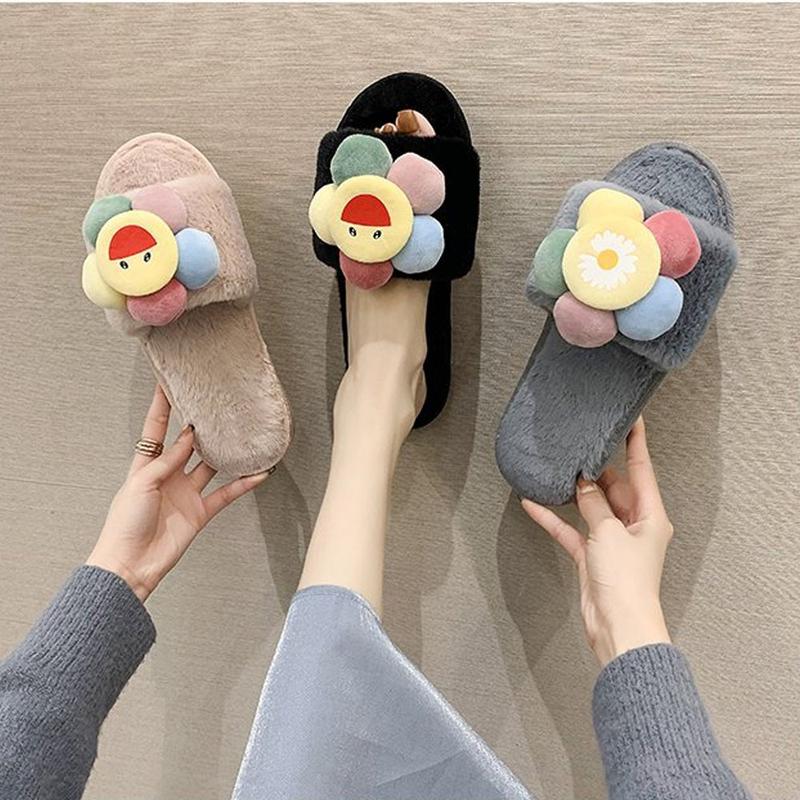 Dép lông thỏ hình Hoa mặt cười to đi trong nhà, quai ngang dạng bánh mì, đi ấm chân vào mùa đông Dép Nữ 0