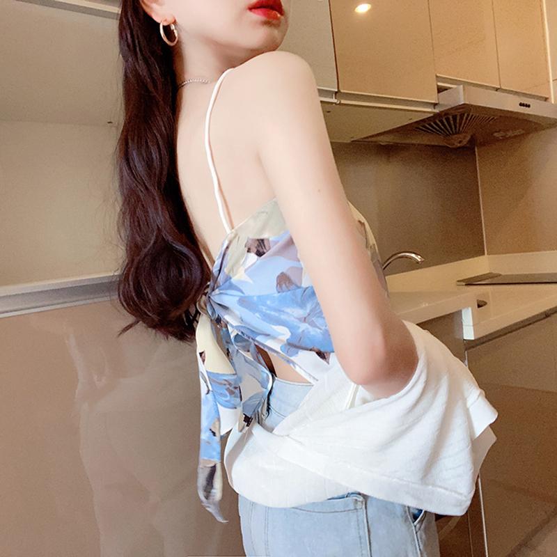 Product Introduction of Women Tie Knot Back Camisole, Spaghetti Strap Sleeveless Floral Print Hanky Hem Cami Tops 23