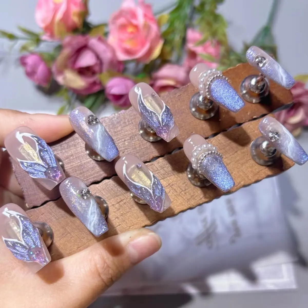 2024 [Mermaid Princess] Purple Starry Sky Cat Eyes, Human Tail Nail Art, 3D Hand drawn Fish Tail, Handmade Wearing Armor