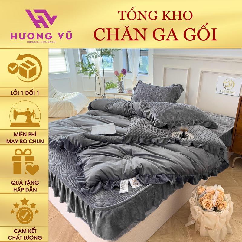 Chăn Ga Gối Nỉ Tuyết Sữa Thêu Hoa có Viền Bèo Điệu Đà