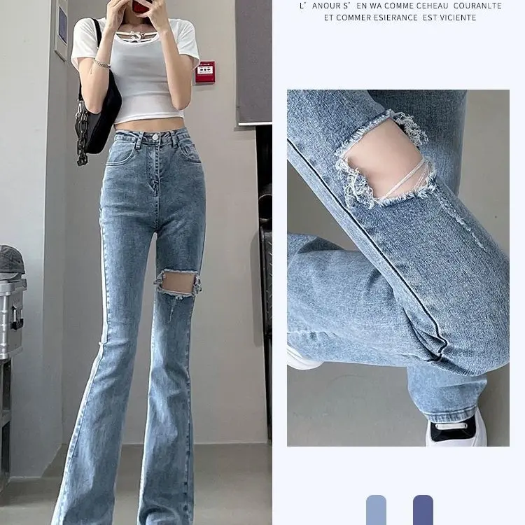 CP7 celana panjang cutbray jeans model sobek pinggang tinggi / long pants denim high Polos Slim-fitting Wanita Hitam