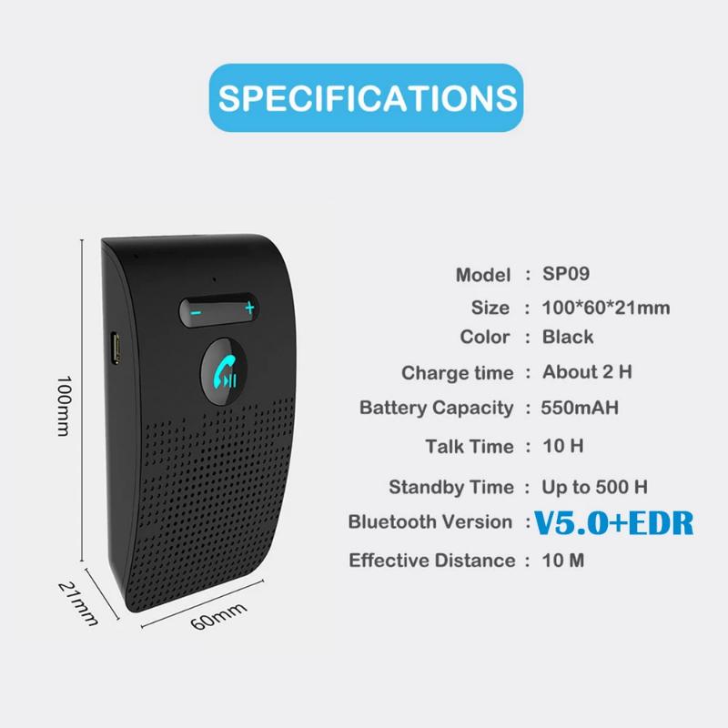 Bluetooth 5.0 Handsfree Car Kit Hifi Speaker 2W Wireless Audio Receiver MP3 Music Player Noise Cancelling Sun Visor Clip 5
