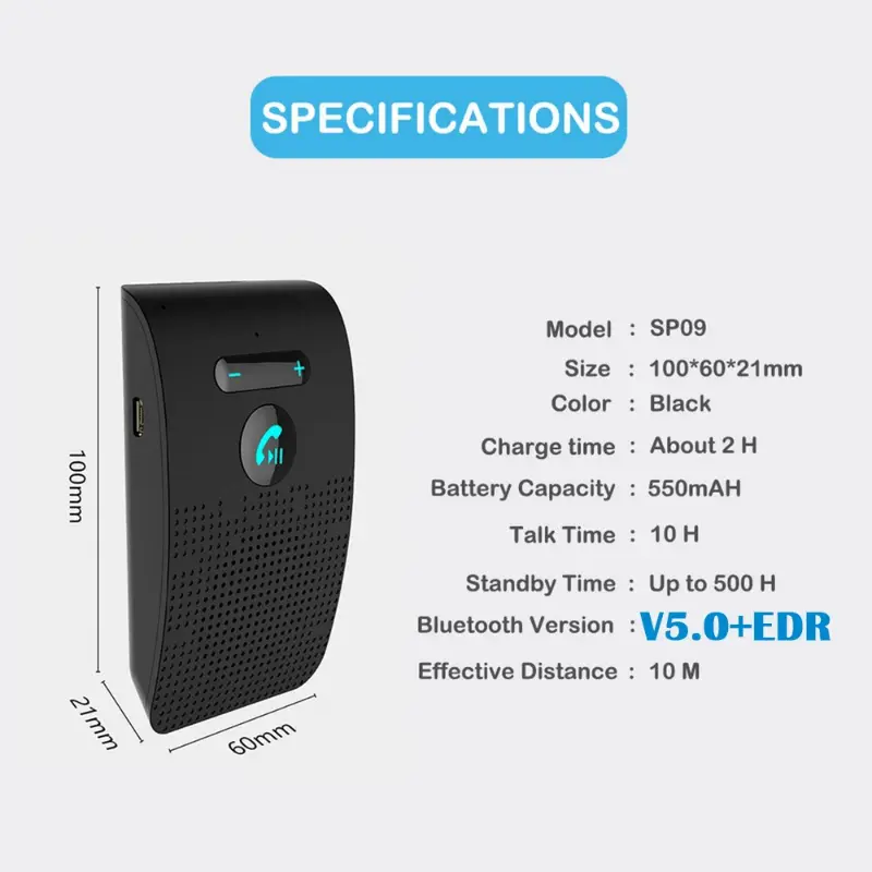 Bluetooth 5.0 Handsfree Car Kit Hifi Speaker 2W Wireless Audio Receiver MP3 Music Player Noise Cancelling Sun Visor Clip 5