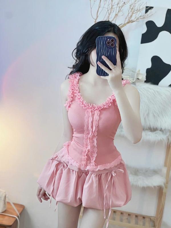 Set áo viền bèo sát nách kèm chân váy bí cột dây (có tách lẻ)