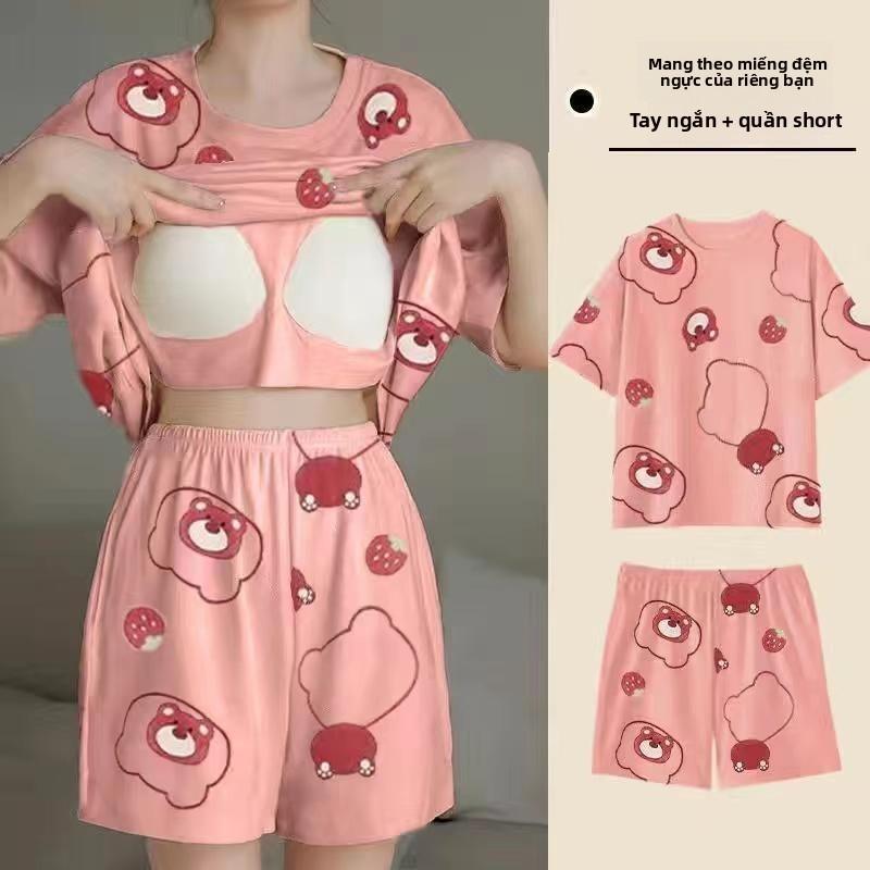 Bộ Đồ Ngủ, Vải Nảy Mềm, Tay Ngắn, Cổ Tròn, Có Áo Ngực Tích Hợp, Dành Cho Phụ Nữ Và Phụ Nữ, In Hình Hoạt Hình Dễ Thương, Thiết Kế Mặt Cười, Quần Đùi ngắn Tay, Bộ Đồ Mặc Nhà, Hàng Có Sẵn Sẵn Để Gửi 6