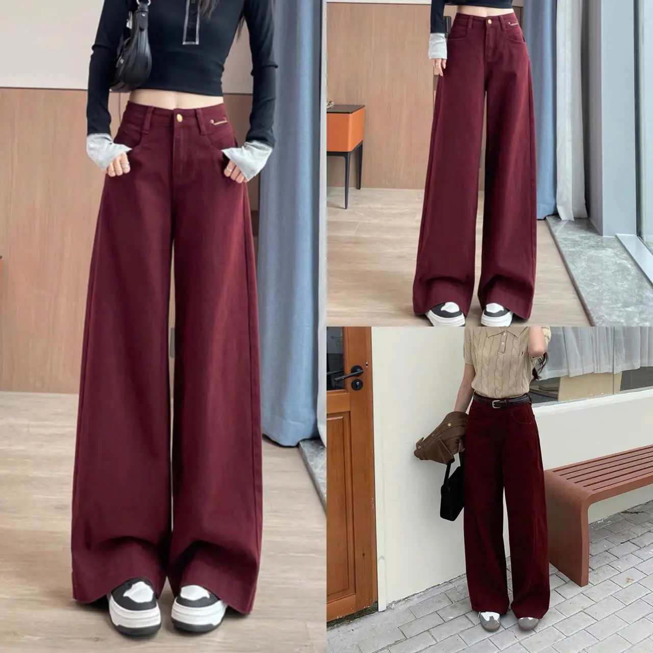 Quần bò jeans ống rộng màu đỏ may mắn, mới nhất 2025 cạp cao hack dáng Nữ Women Ong Pants