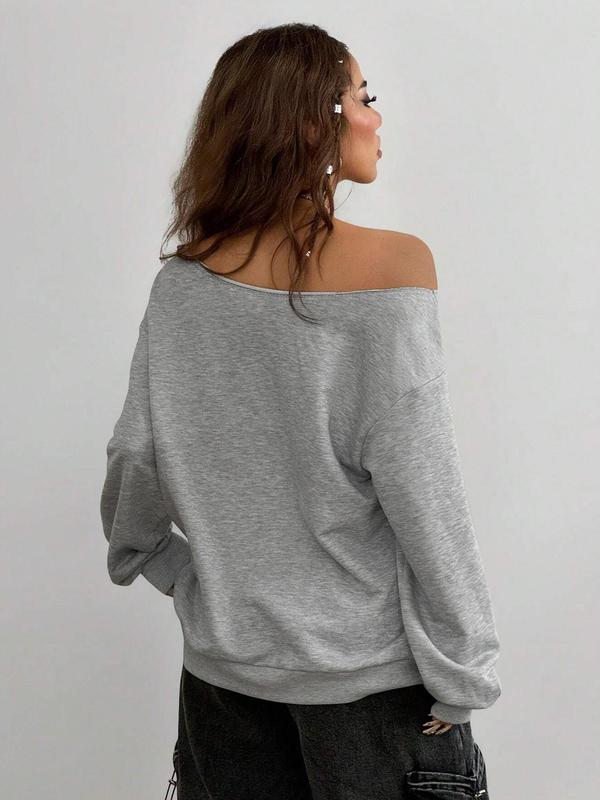Women's Plain Off The Shoulder Sweatshirt, Casual Street Fashion Long Sleeve Pullover for Daily Wear, Ladies Spring Clothes 1