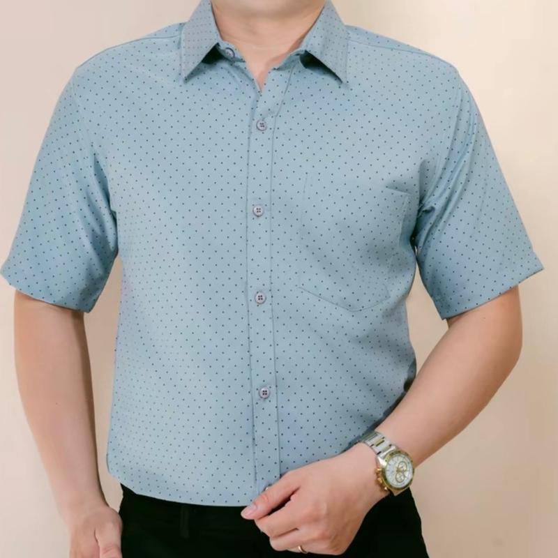 Áo Sơ Mi Nam Chấm Bi Trung Niên Ngắn Tay Có Túi Lụa Hàn Menswear Shirt Có Cổ