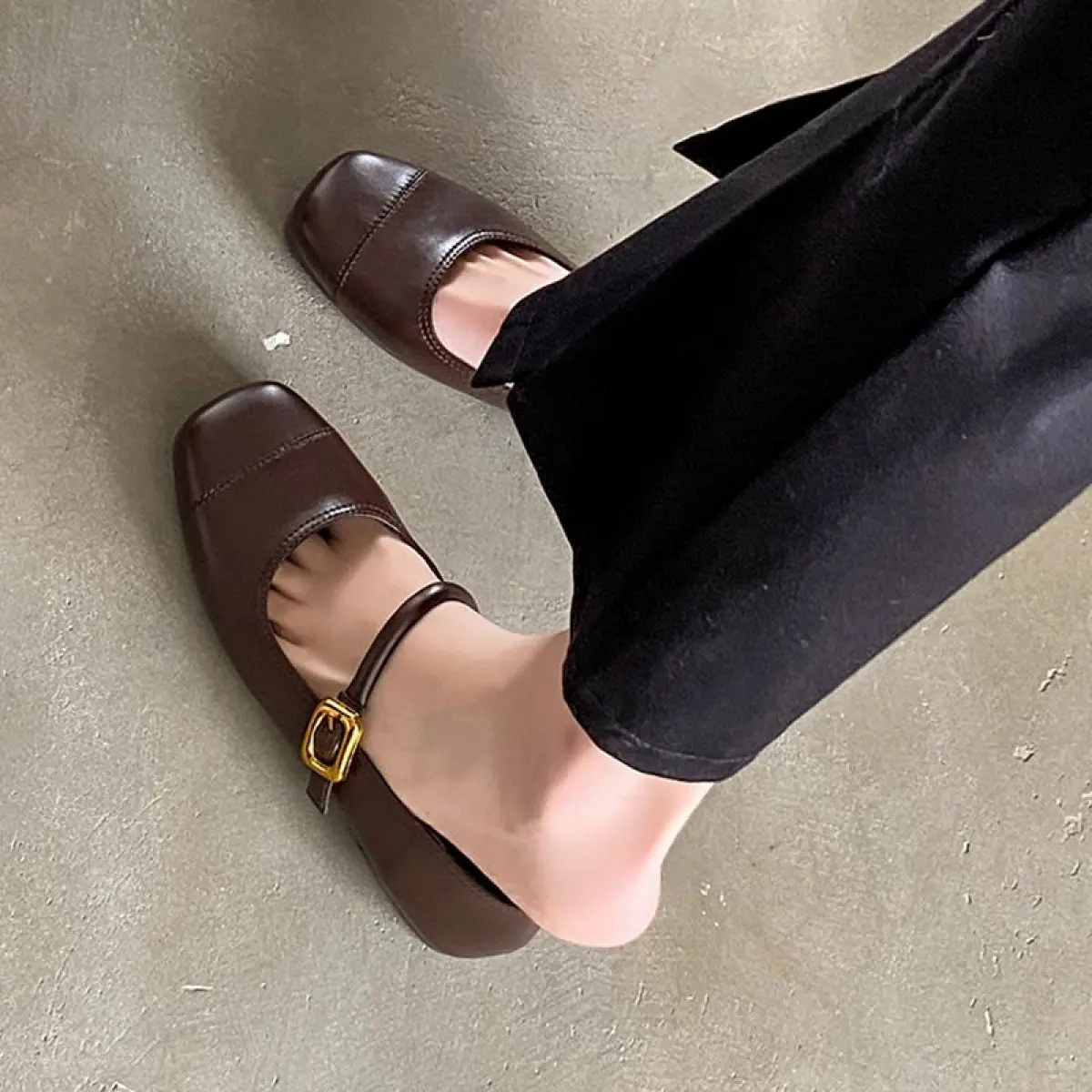 Mary Jane Shoes Shallow Mouth Buckle Shoes Spring New Korean Style Square Toe Flat Bottom Soft Bottom Comfortable Women's Gommino