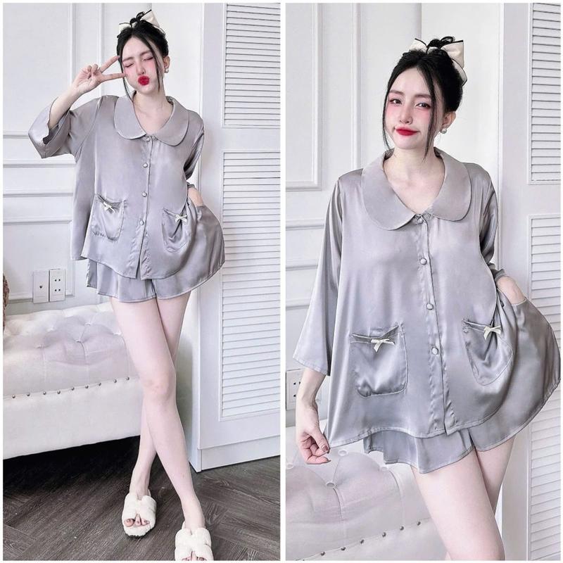 Đồ Ngủ Pijama Lụa HEUN YOUNG Bộ Đồ Pijama Áo Cổ Sen Tay Lửng Quần Đùi Lụa Latin Mềm Mịn Freesize 45-65kg Women Nữ Kem 6