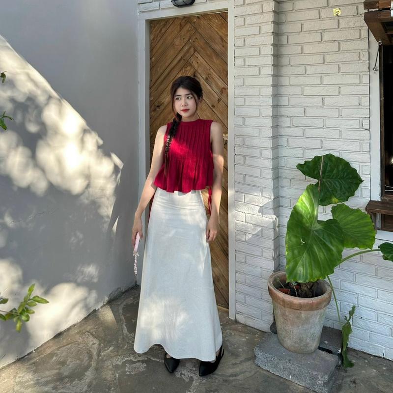 Set Áo Crop Xếp Li Cột Nơ Phối Chân Váy Linen Đuôi Cá Xoè Nhẹ [Một Mẩu’s House]
